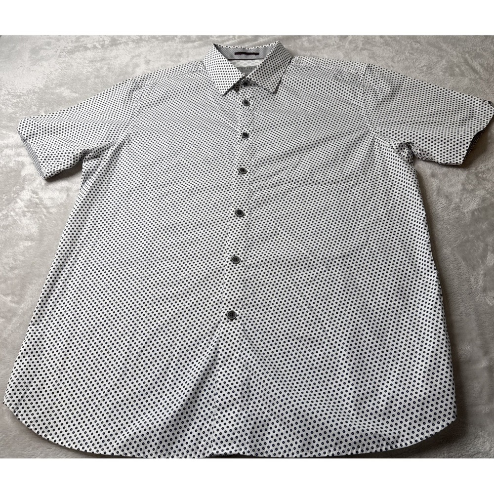 TED BAKER LONDON Button Down White/Dk Blue Design Mens Size 5/L Short Sleeve
